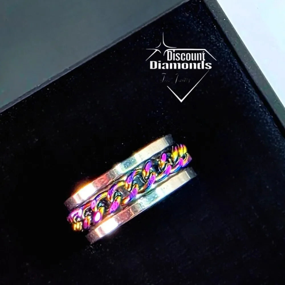 SPINNER Titanium Polished Silver Ring - Rainbow Chain
